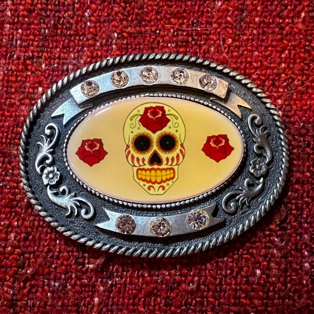 Classic Hardware Sugar Skull rhinestone belt buckle Vintage Rare!